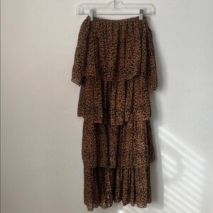 Leopard Print Tiered Off the Shoulder/Strapless Midi Dress